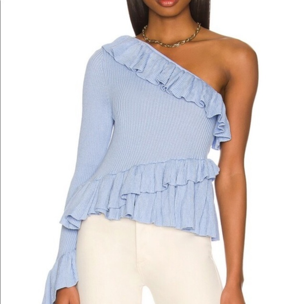 LPA One-Shoulder Light Blue Ruffled Ribbed Sweater